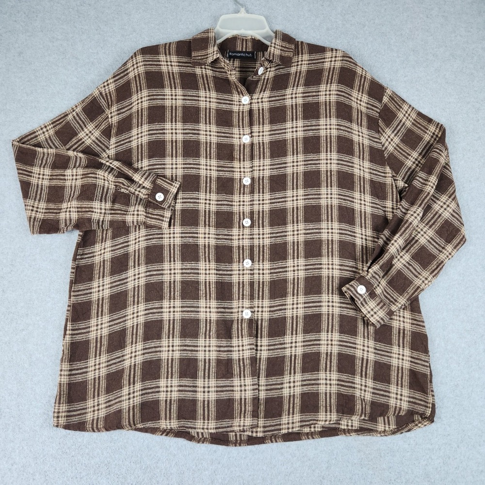 Romantic Hut Shirt Womens Plus Size 2X Brown Plaid Flannel Oversized Button‎ Up